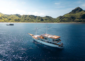 A large boat floating on top of a large body of water