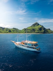 A large boat floating on top of a large body of water