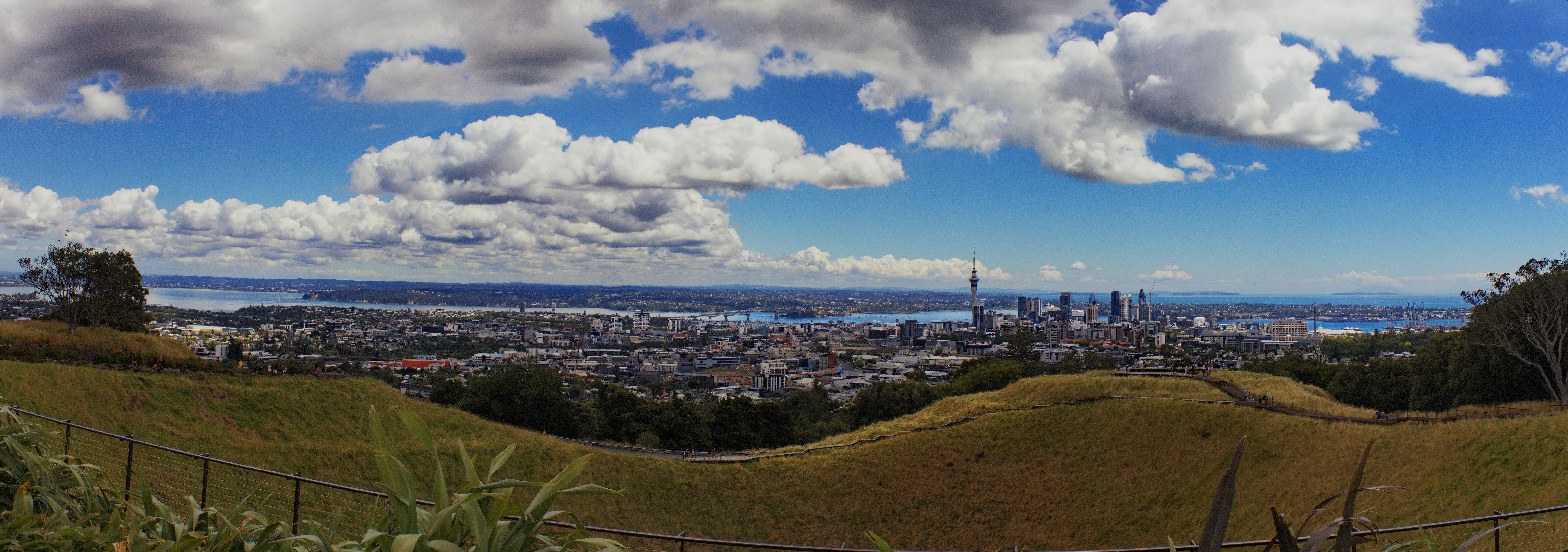 A panoramic view of a city from a hill
