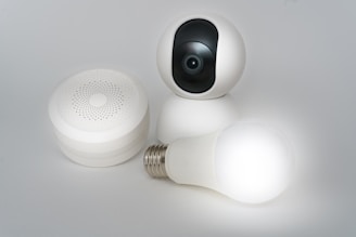 A close up of a light bulb and a camera