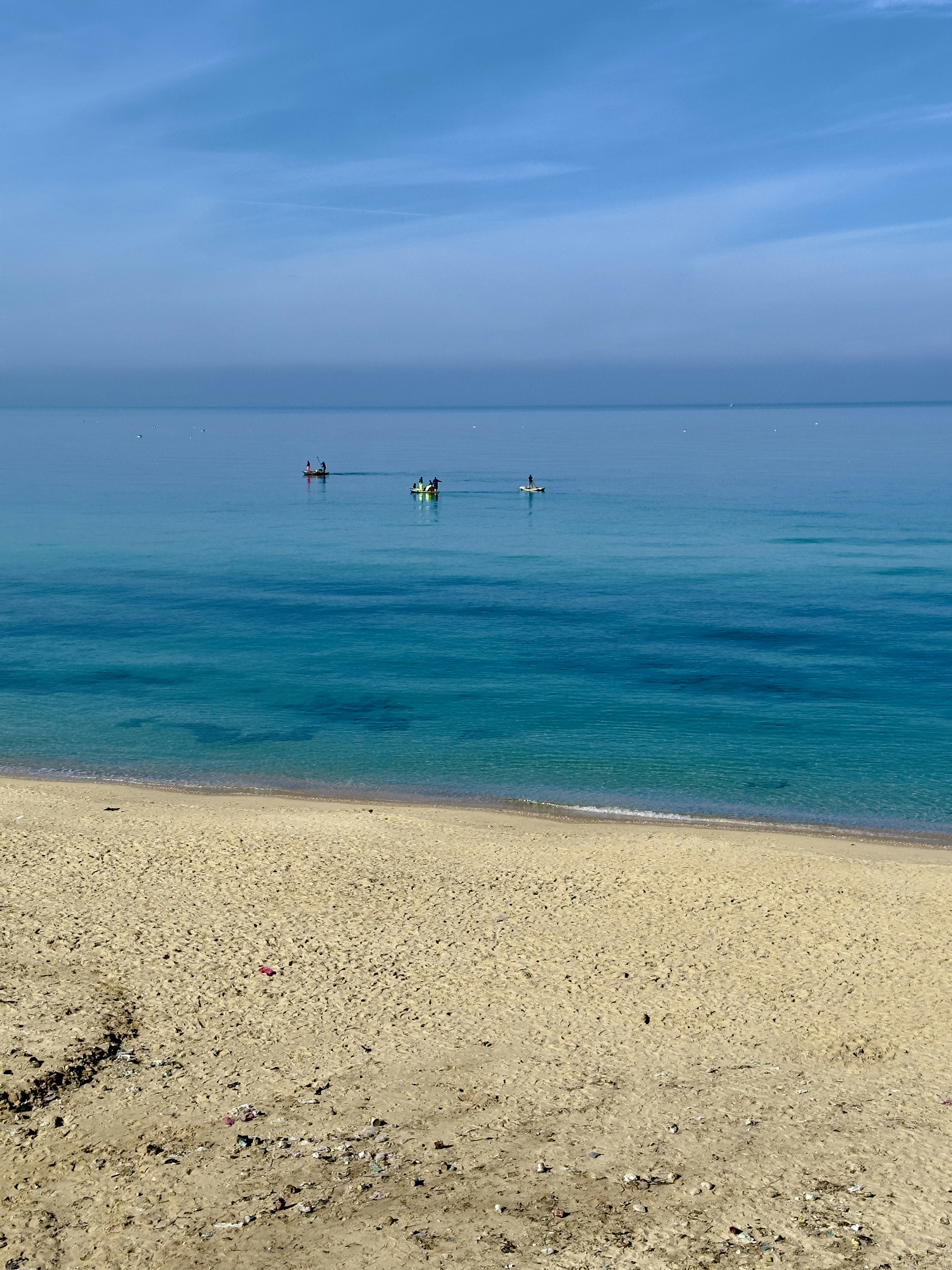 青い海と遠くにボートが見える砂浜