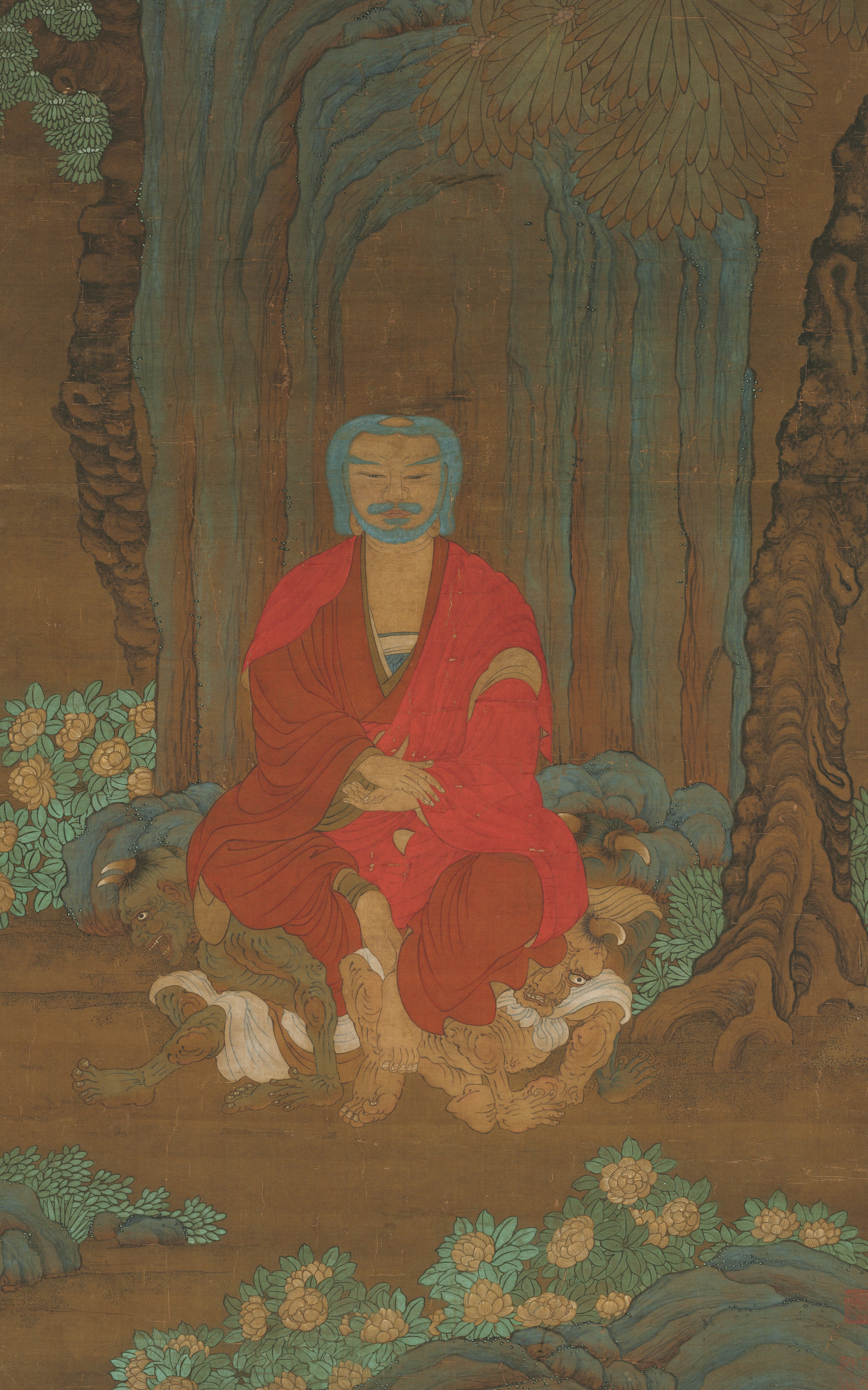 Shakyamuni under the Bodhi Tree 菩提樹下釋迦牟尼圖 1600–1650 China, Ming dynasty (1368–1644) hanging scroll; ink and color on silk Painting: 128.5 x 62 cm (50 9/16 x 24 7/16 in.); Overall with knobs: 259 x 82.5 cm (101 15/16 x 32 1/2 in.) Purchase from the J. H. Wade Fund 1971.68