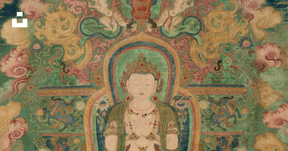 A seated buddha figure with intricate details and colorful background ...