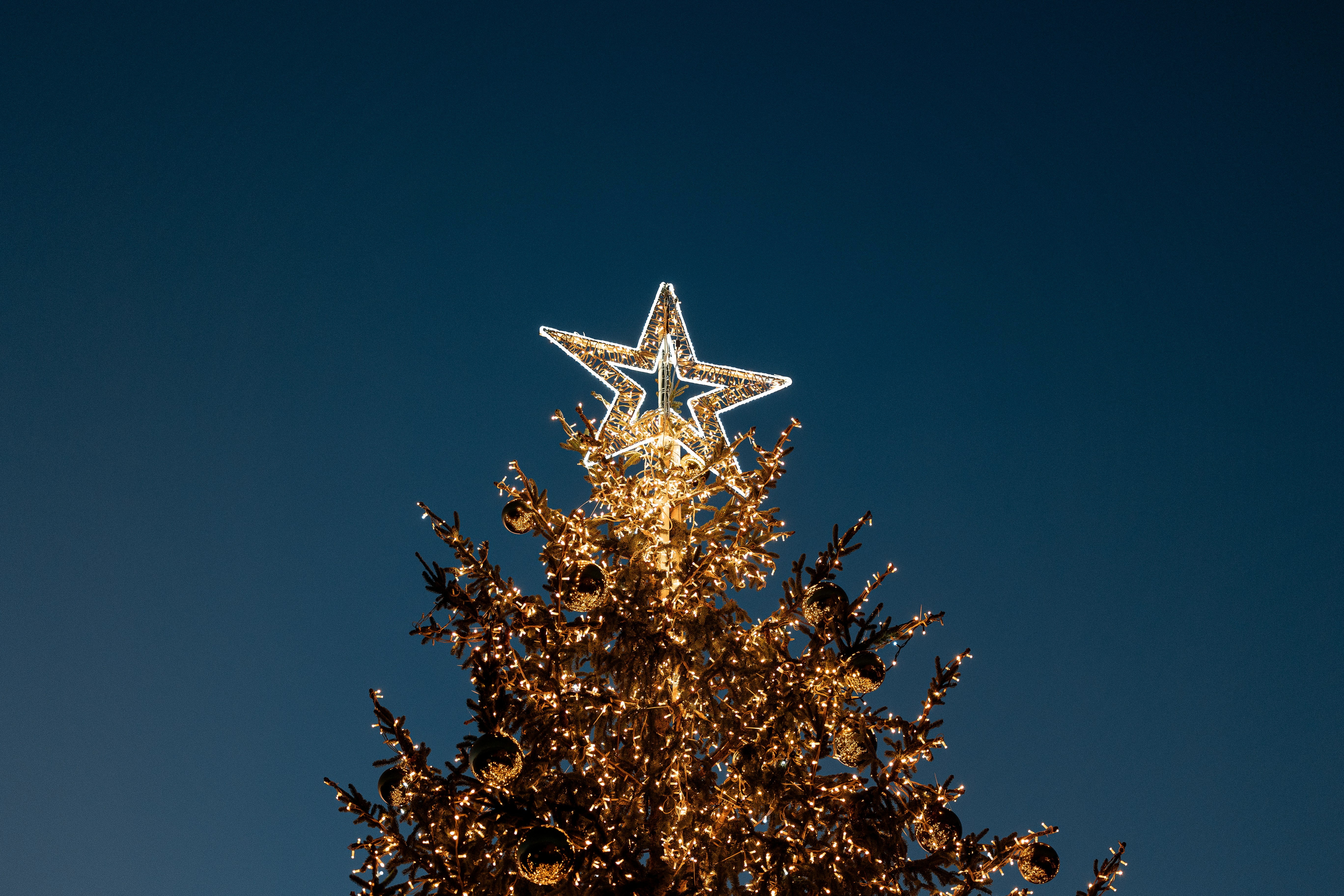 A lighted christmas tree with a star on top