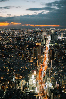An aerial view of a city at night