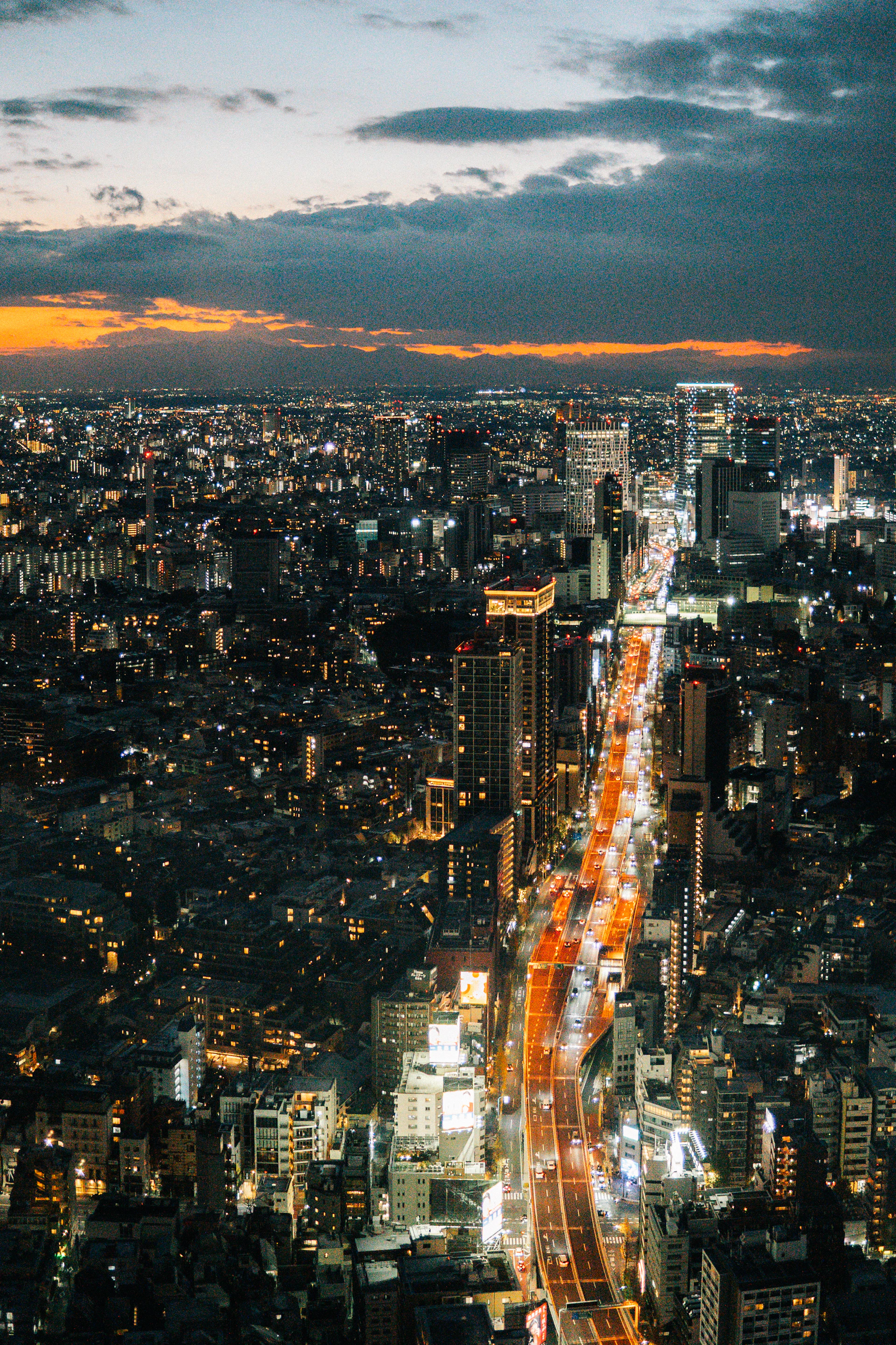 An aerial view of a city at night