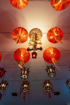 A bunch of red lanterns hanging from a ceiling