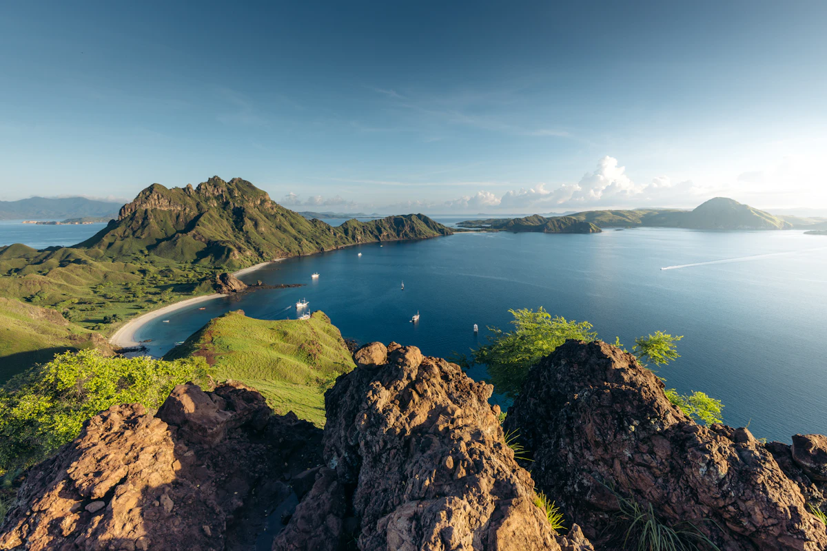 Savanna hills and sea viewed from a hill near Labuan Bajo