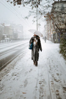 A woman walking down a snow covered street holding an umbrella