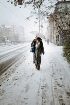 A woman walking down a snow covered street holding an umbrella