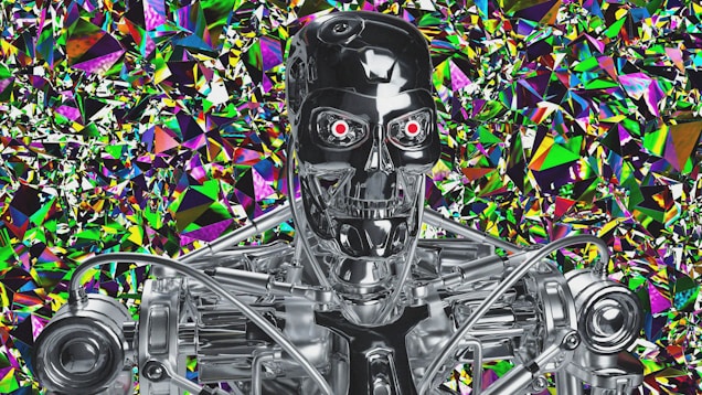 A digital image of a man with a robot face