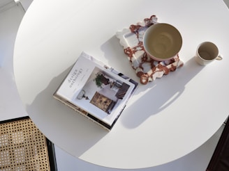 A cup of coffee and a magazine on a table