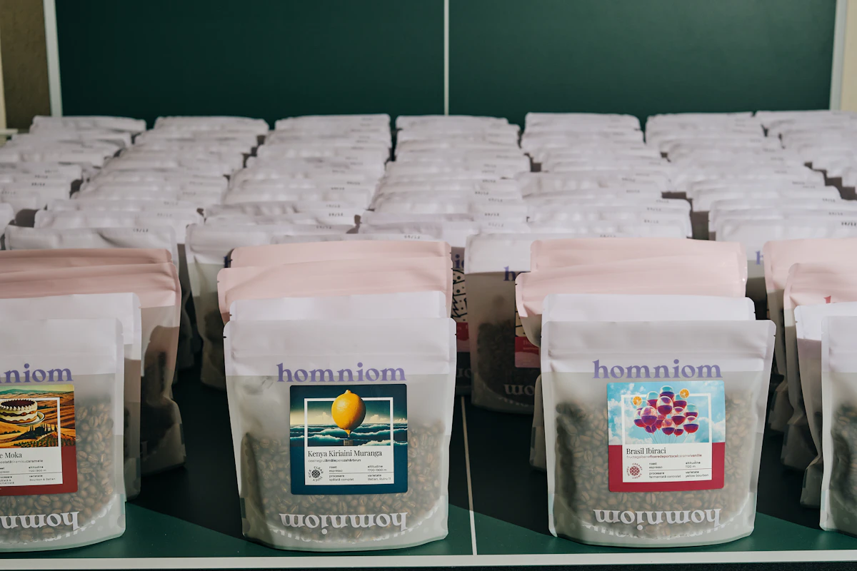 Sacks of single-origin coffee stacked on the shelf