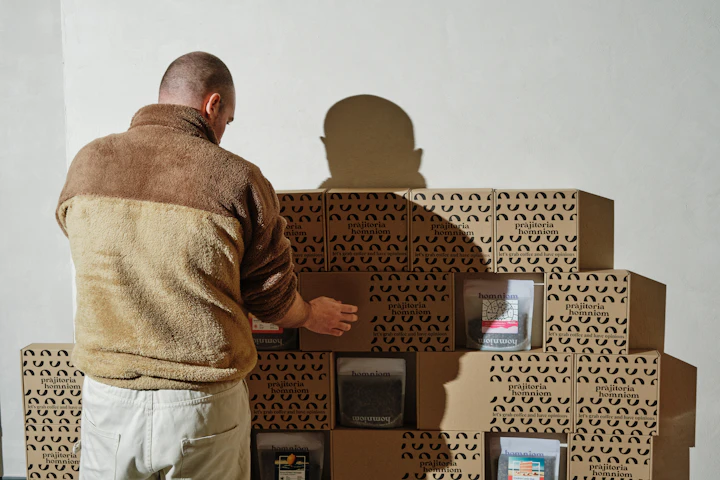 A man standing in front of a cardboard structure