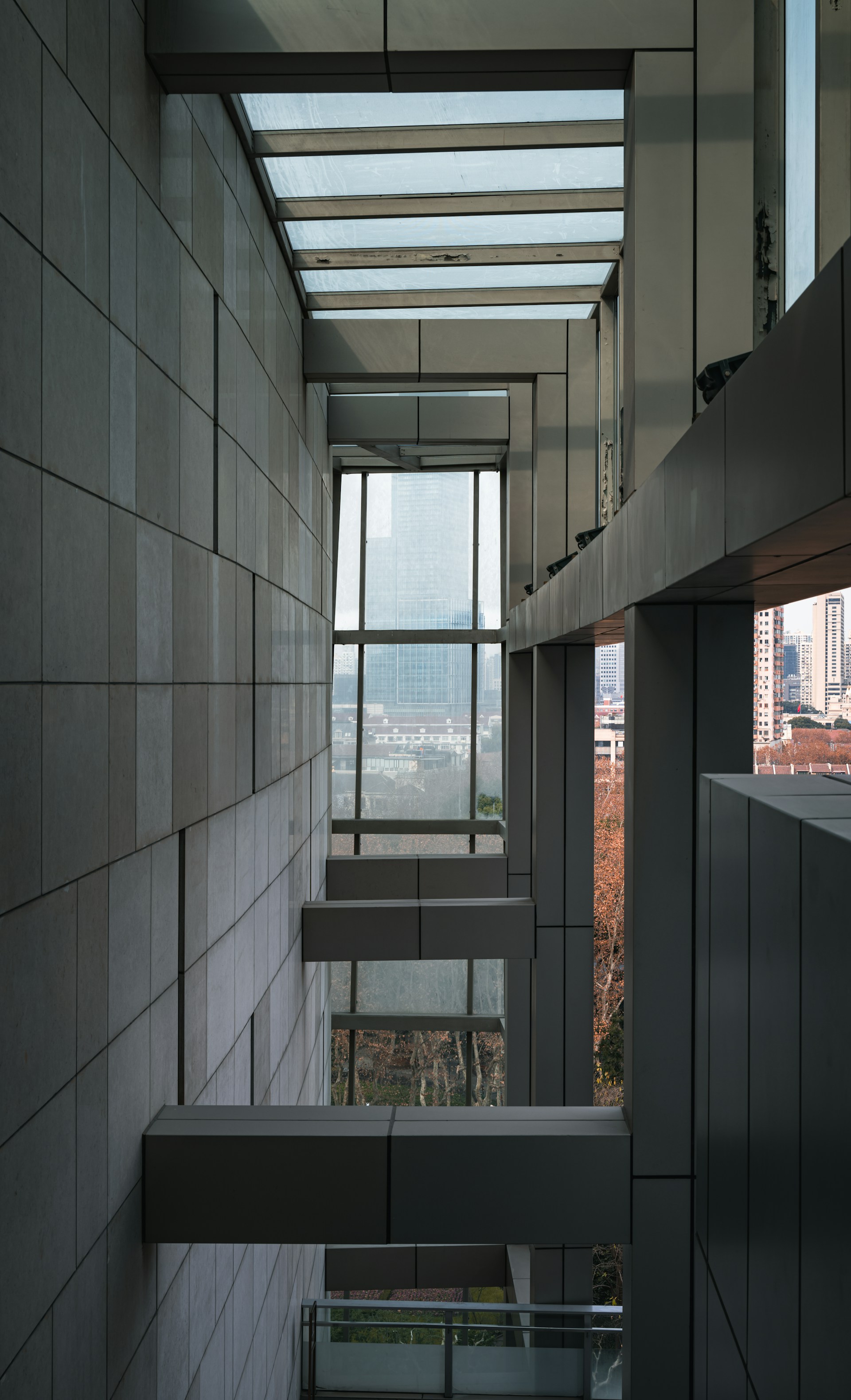 A view of a building from the top of a staircase