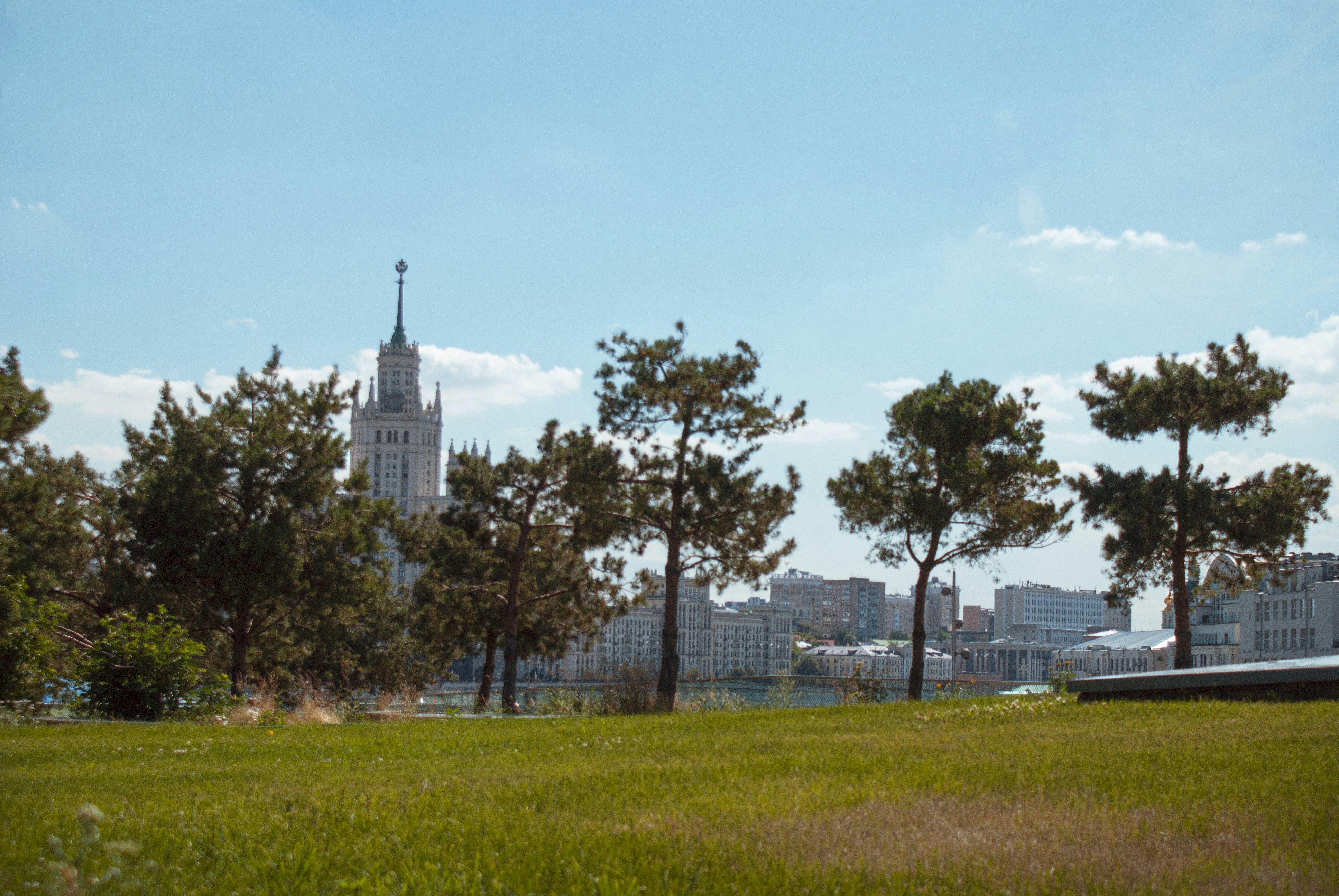Ein grasbewachsenes Feld mit Bäumen und Gebäuden im Hintergrund