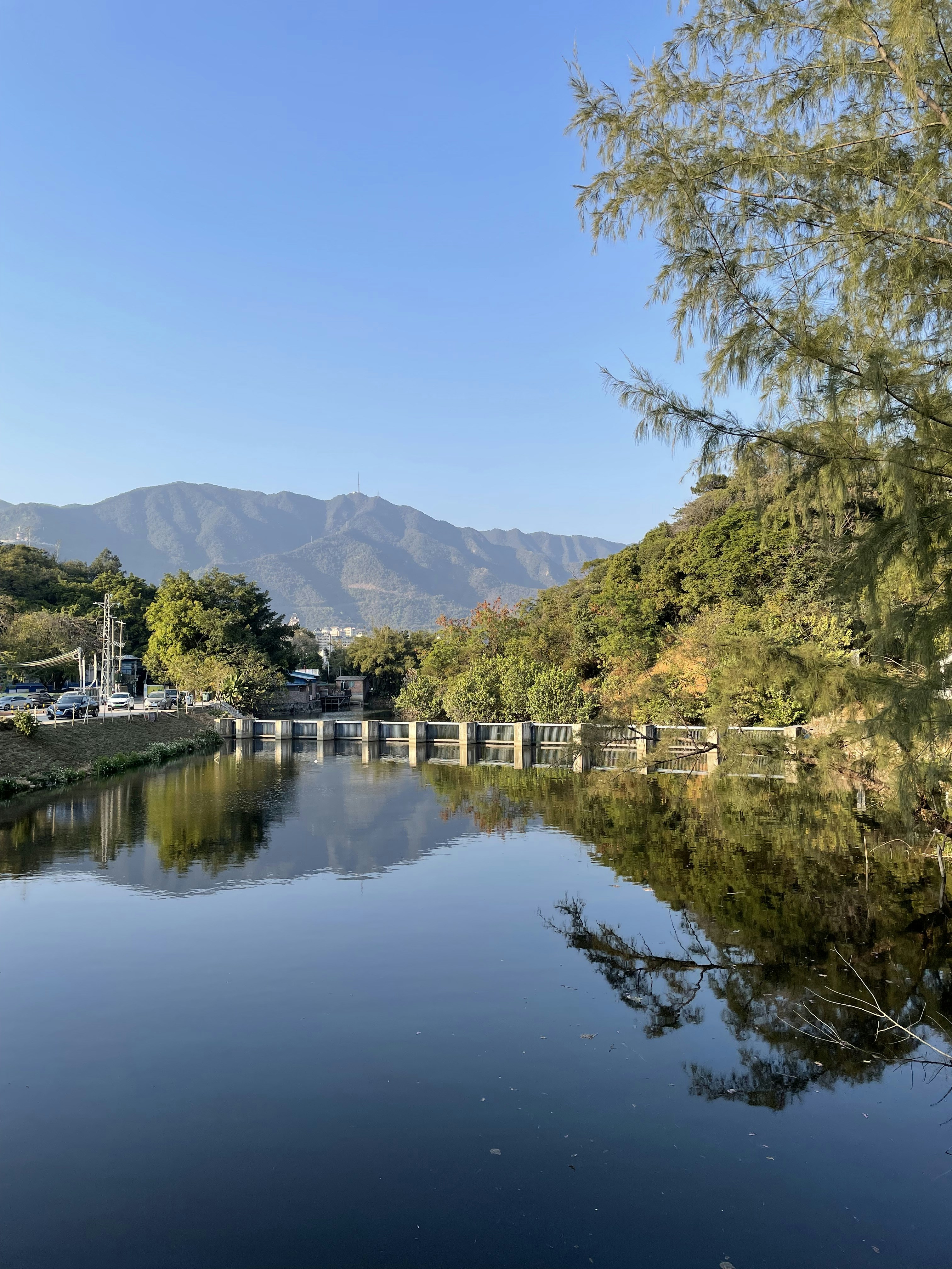 A body of water surrounded by trees and mountains