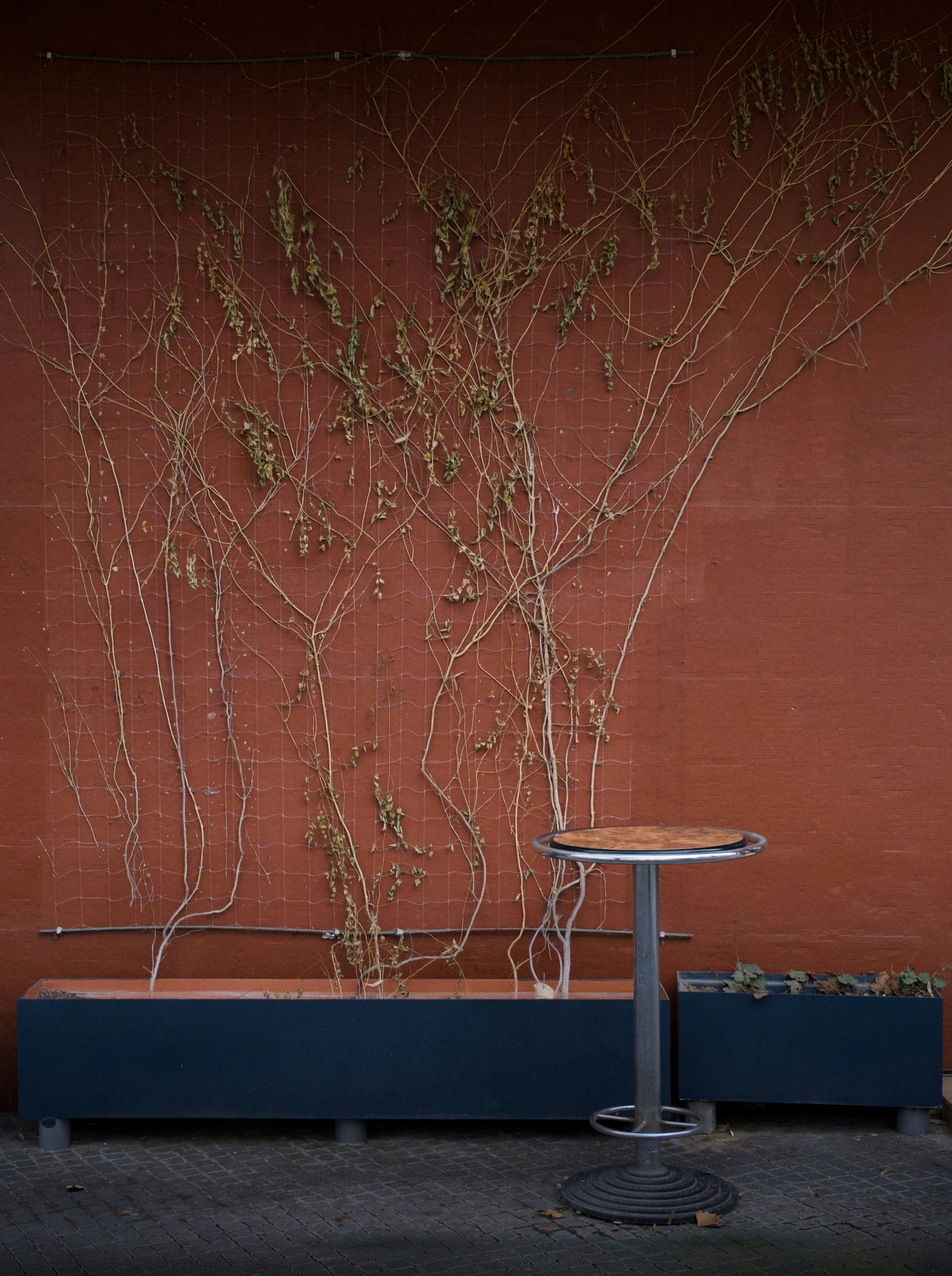 Una panchina e un tavolo davanti a una parete rossa