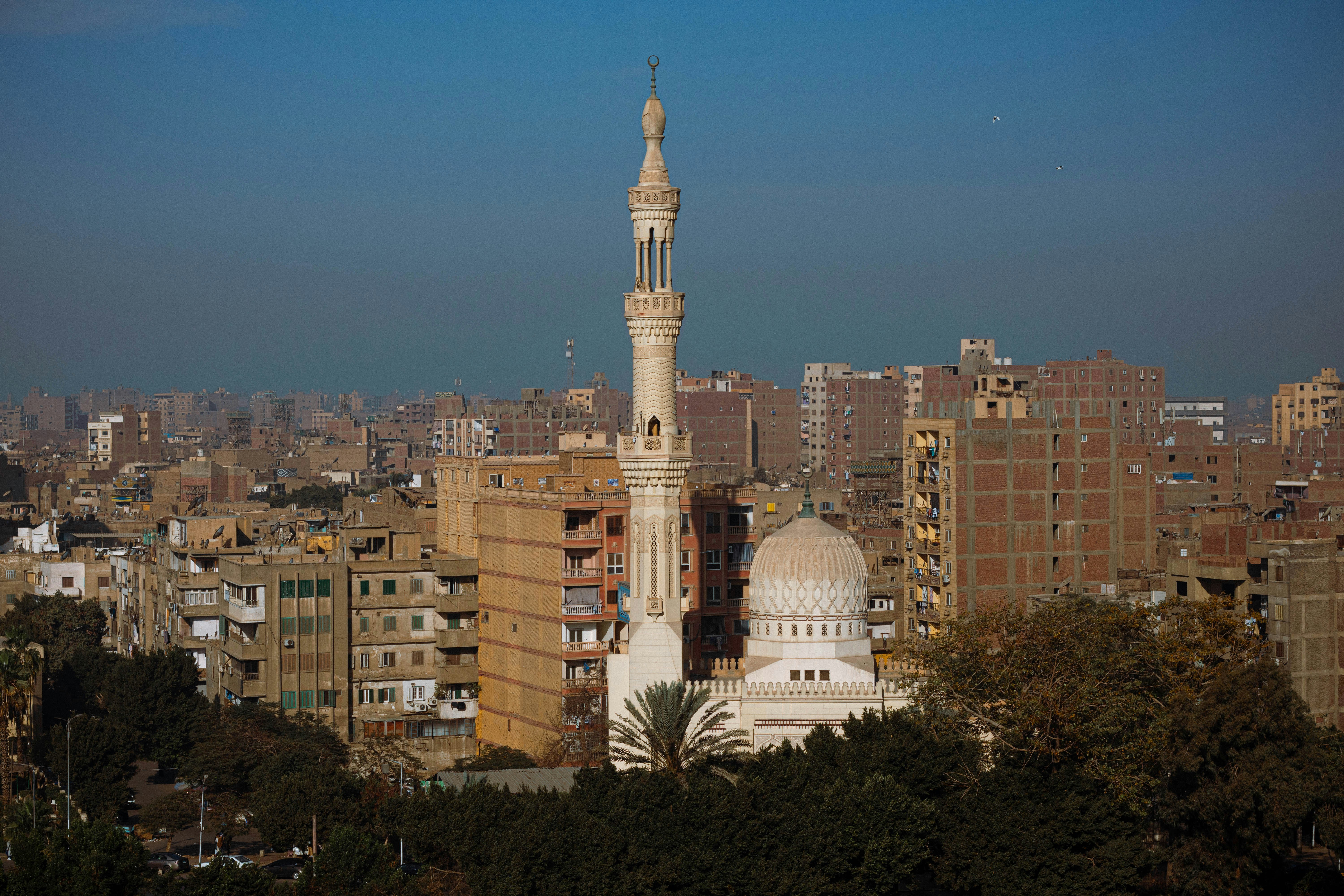 A view of a city with tall buildings