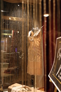 A display case with a dress on a mannequin