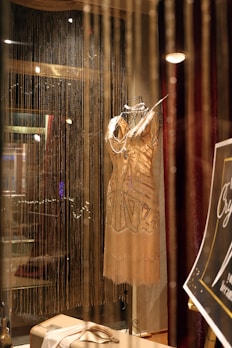 A display case with a dress on a mannequin