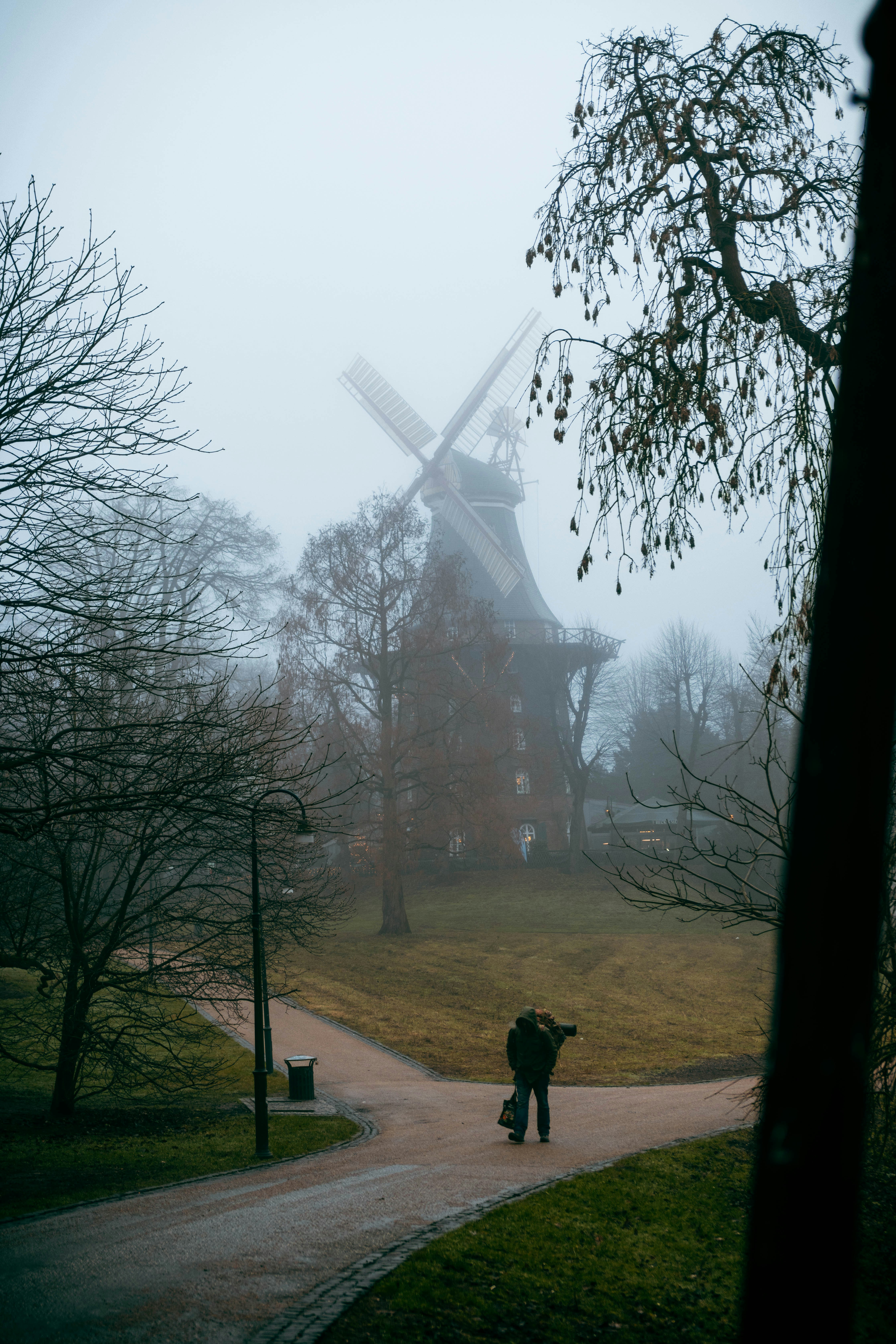 A couple walking down a path in front of a windmill