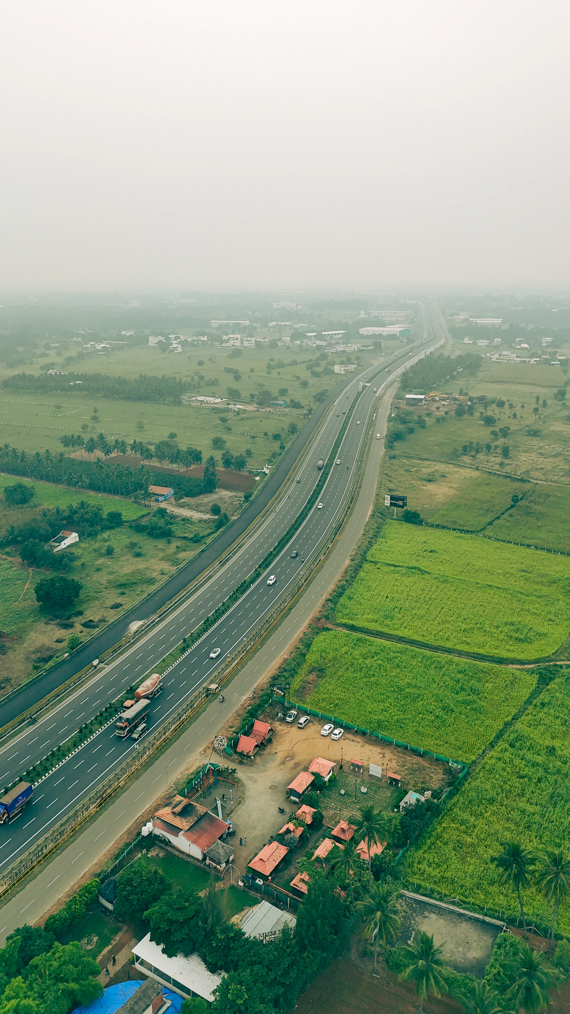 An aerial view of a highway in a rural area