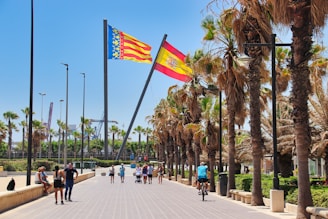 A group of people walking down a street next to palm trees