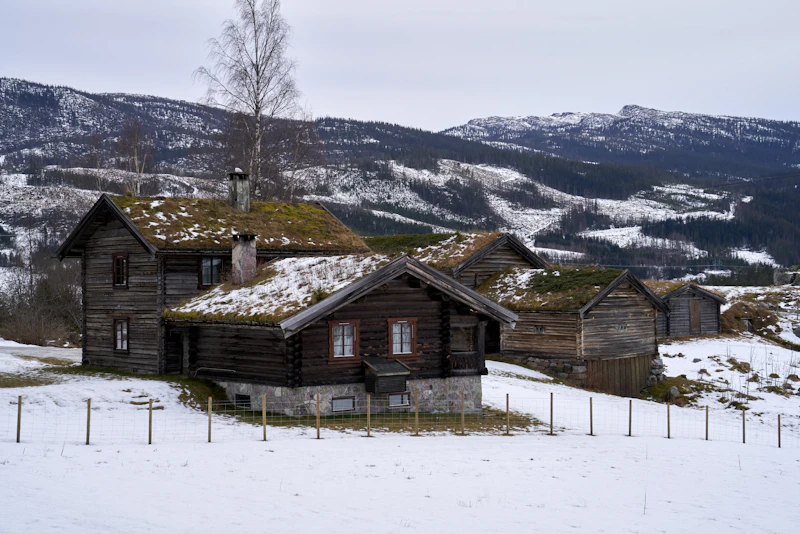 An old wooden house in a snowy field