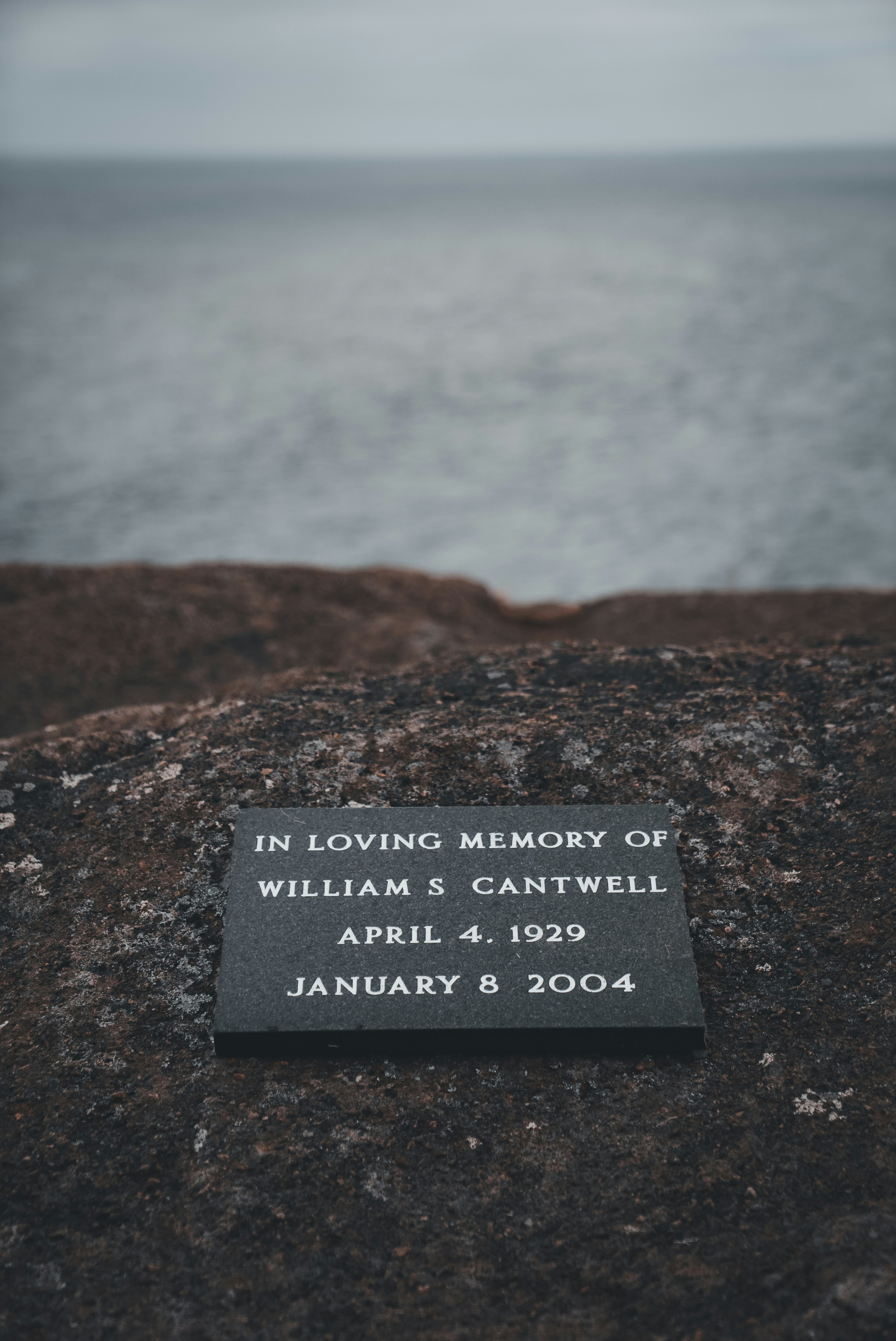 Une plaque commémorative posée au sommet d’un rocher près de l’océan