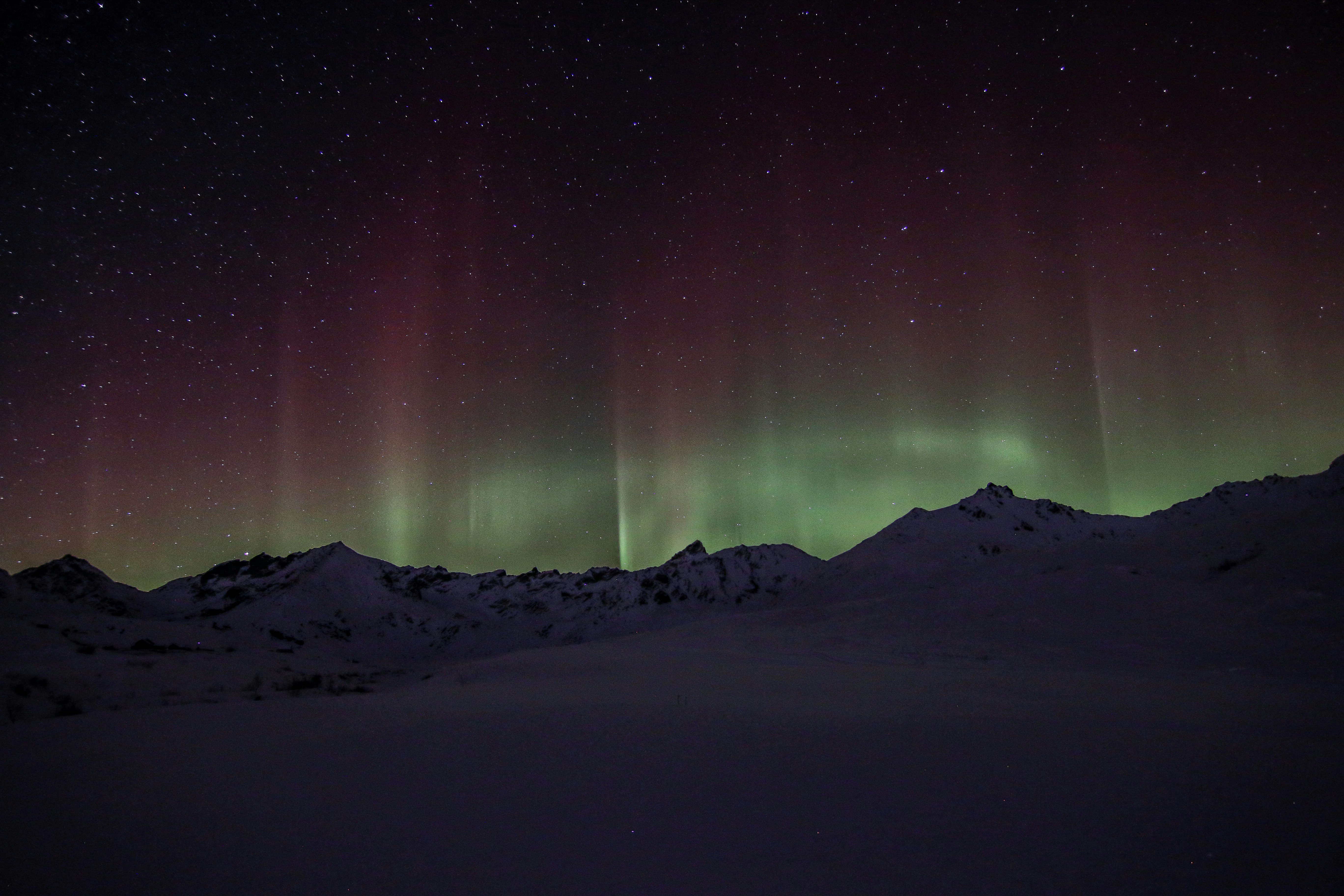 A green and red light is shining in the sky