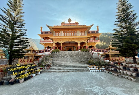 A large building with a lot of plants in front of it