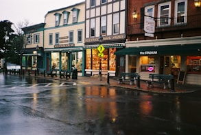 A wet city street with a row of buildings