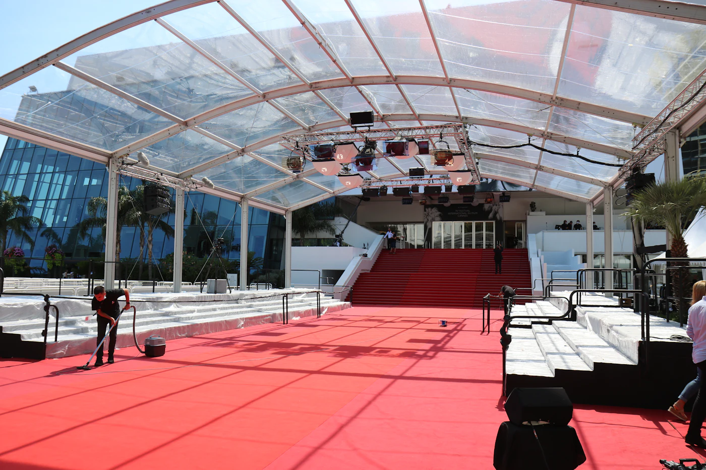 Cannes Film Festival red carpet being prepared for a premiere.