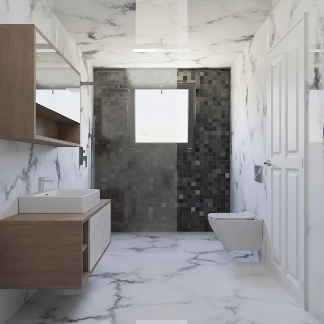 Bathroom with marble walls, a mosaic shower wall and a wooden vanity