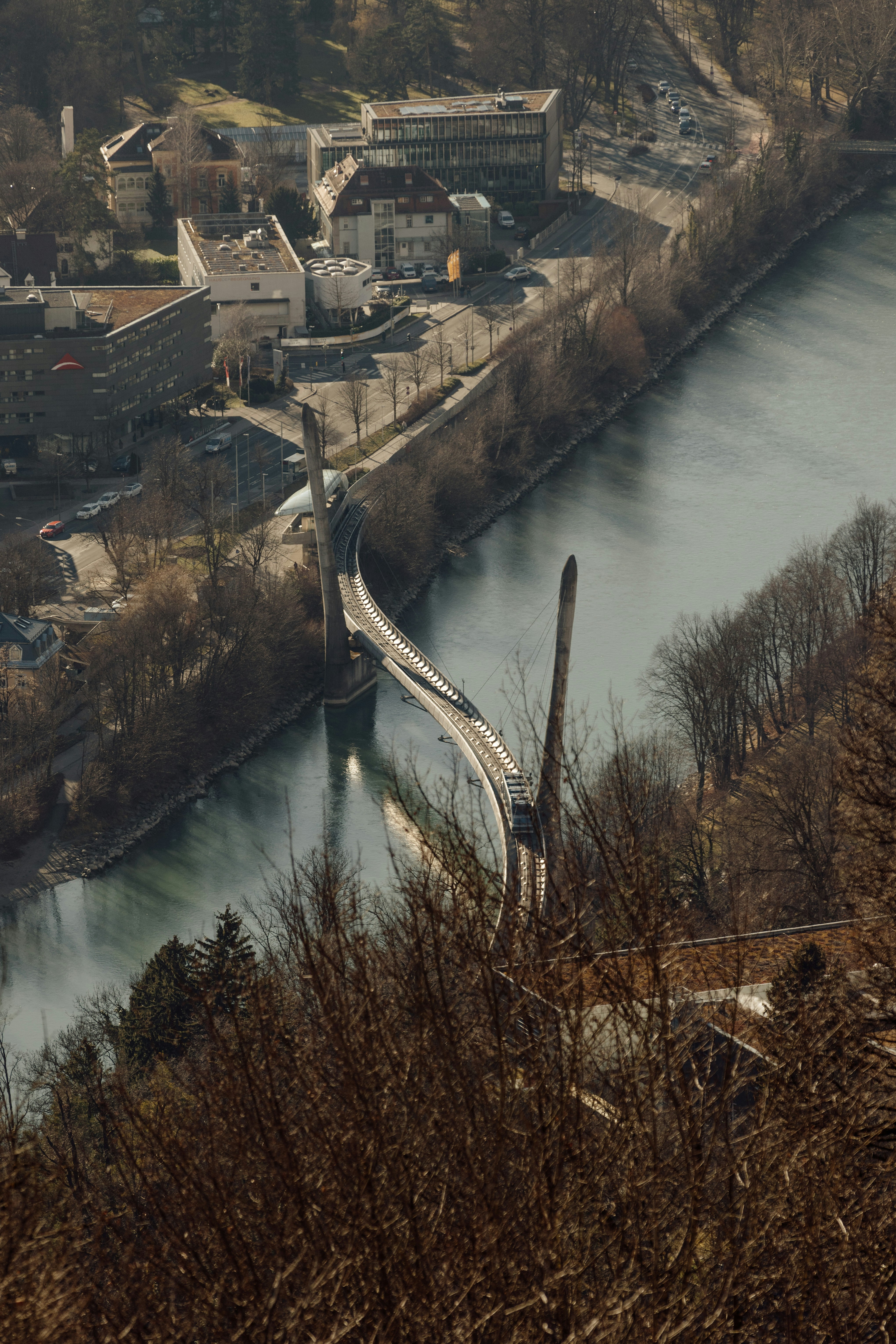 A view of a river running through a small town