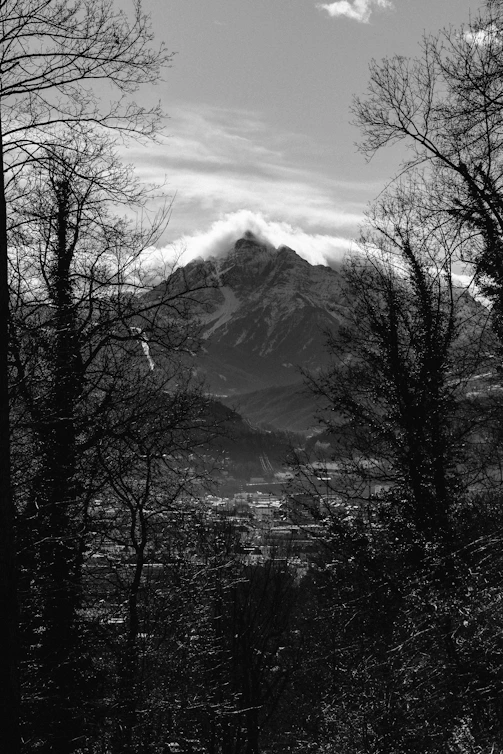 A black and white photo of a mountain
