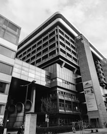 A black and white photo of a large building