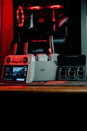 A couple of speakers sitting on top of a table