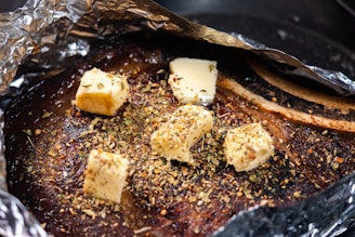 A close up of a pan with food in it