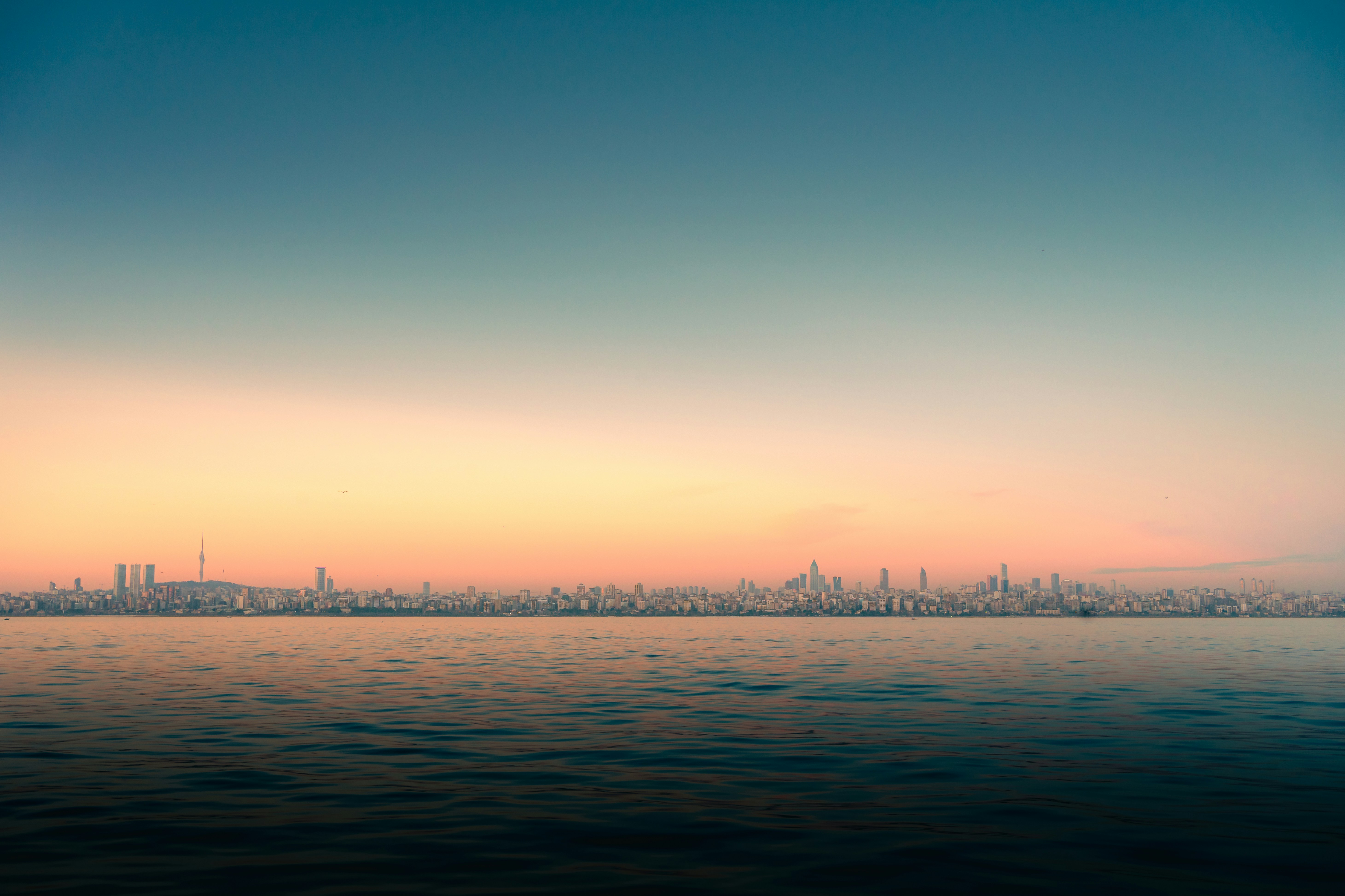 A large body of water with a city in the background