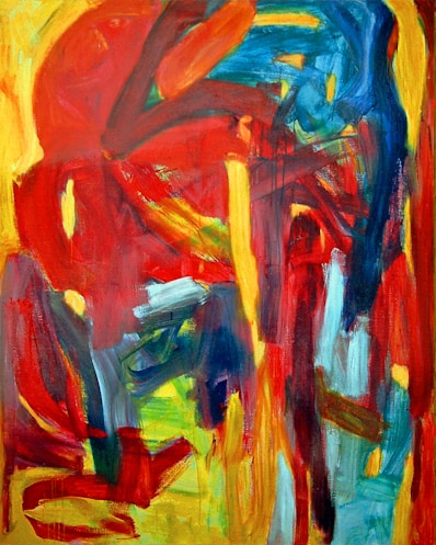 A painting of a red, blue, and yellow horse