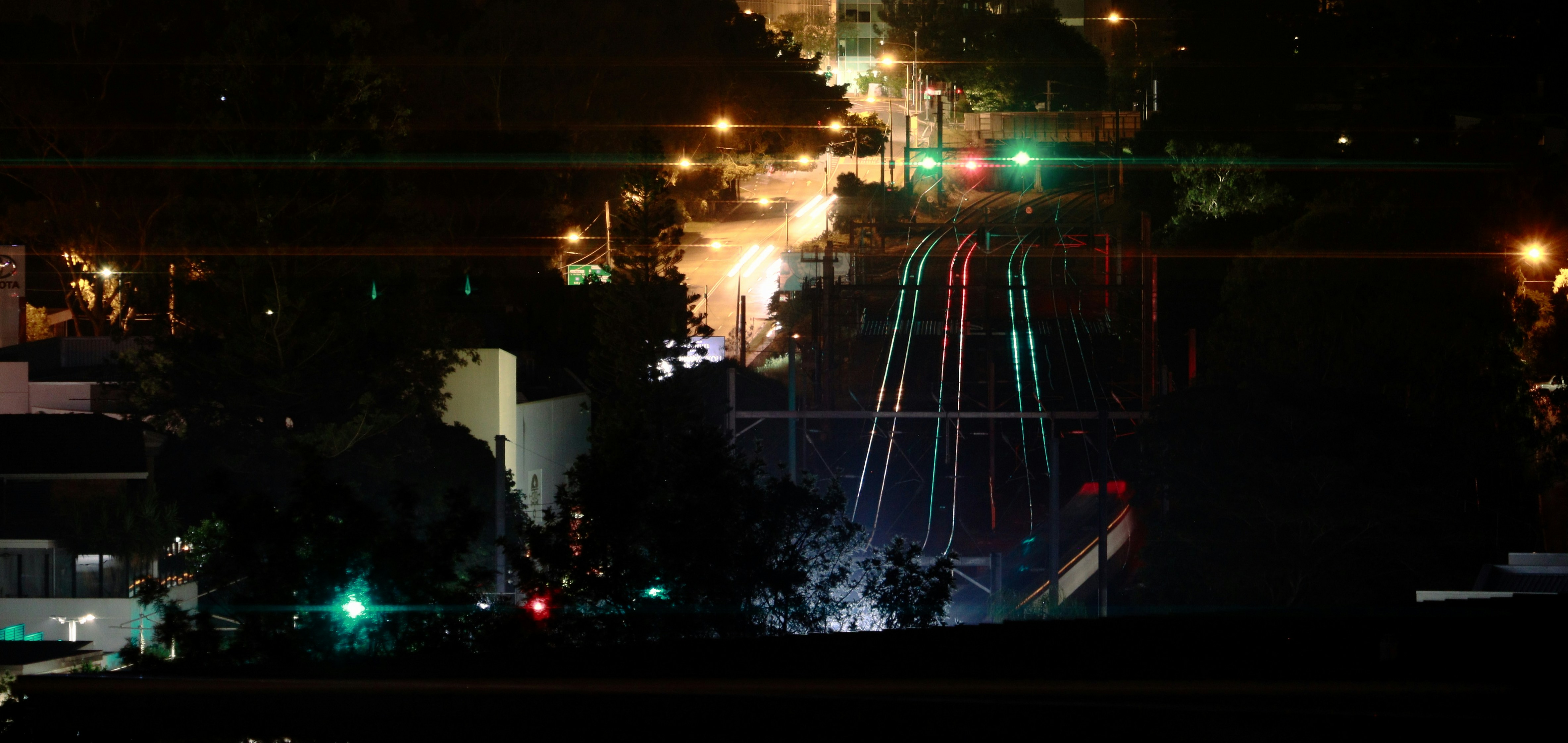 A city at night with a fireworks display