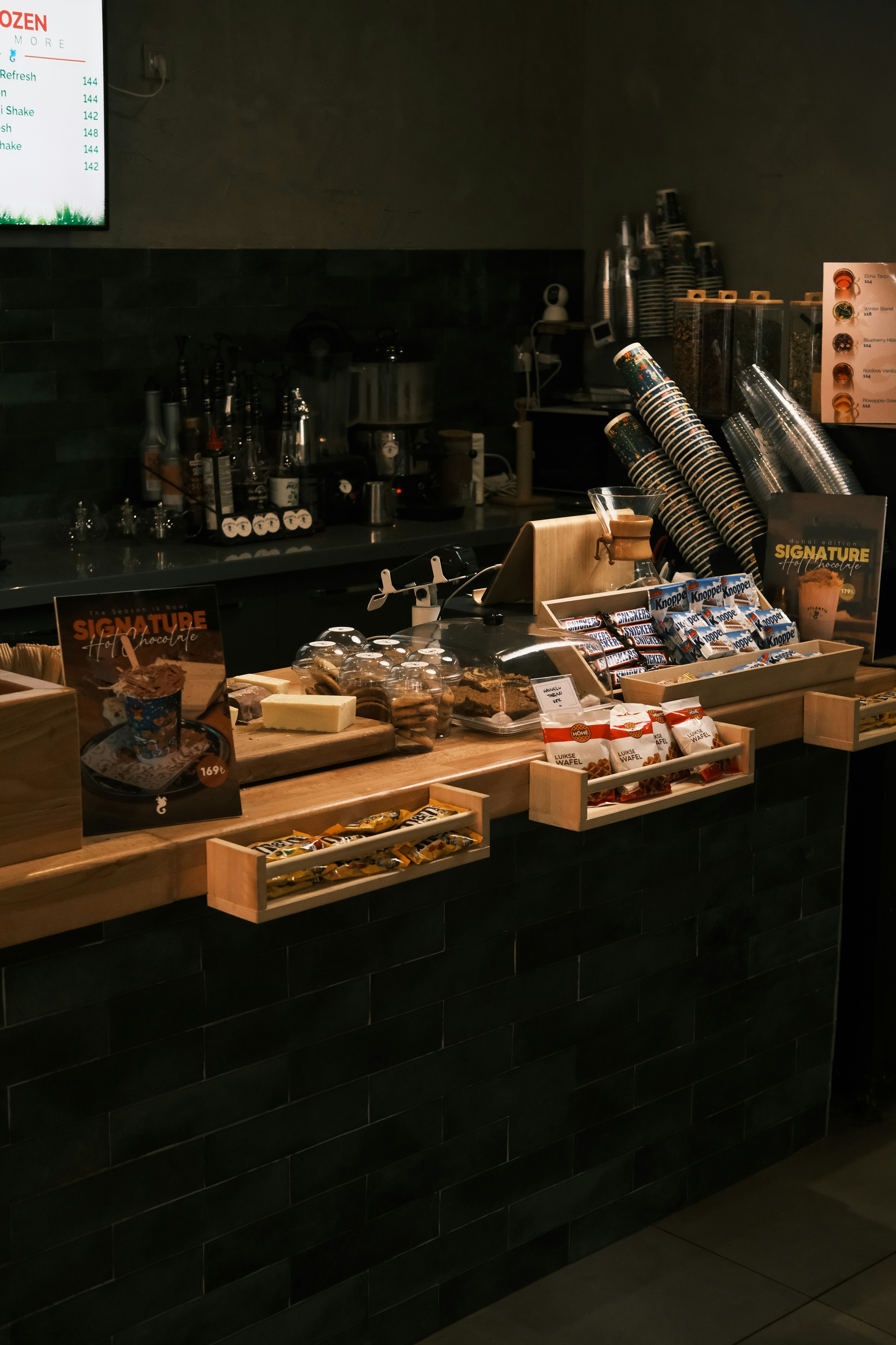 A counter with a bunch of food on it