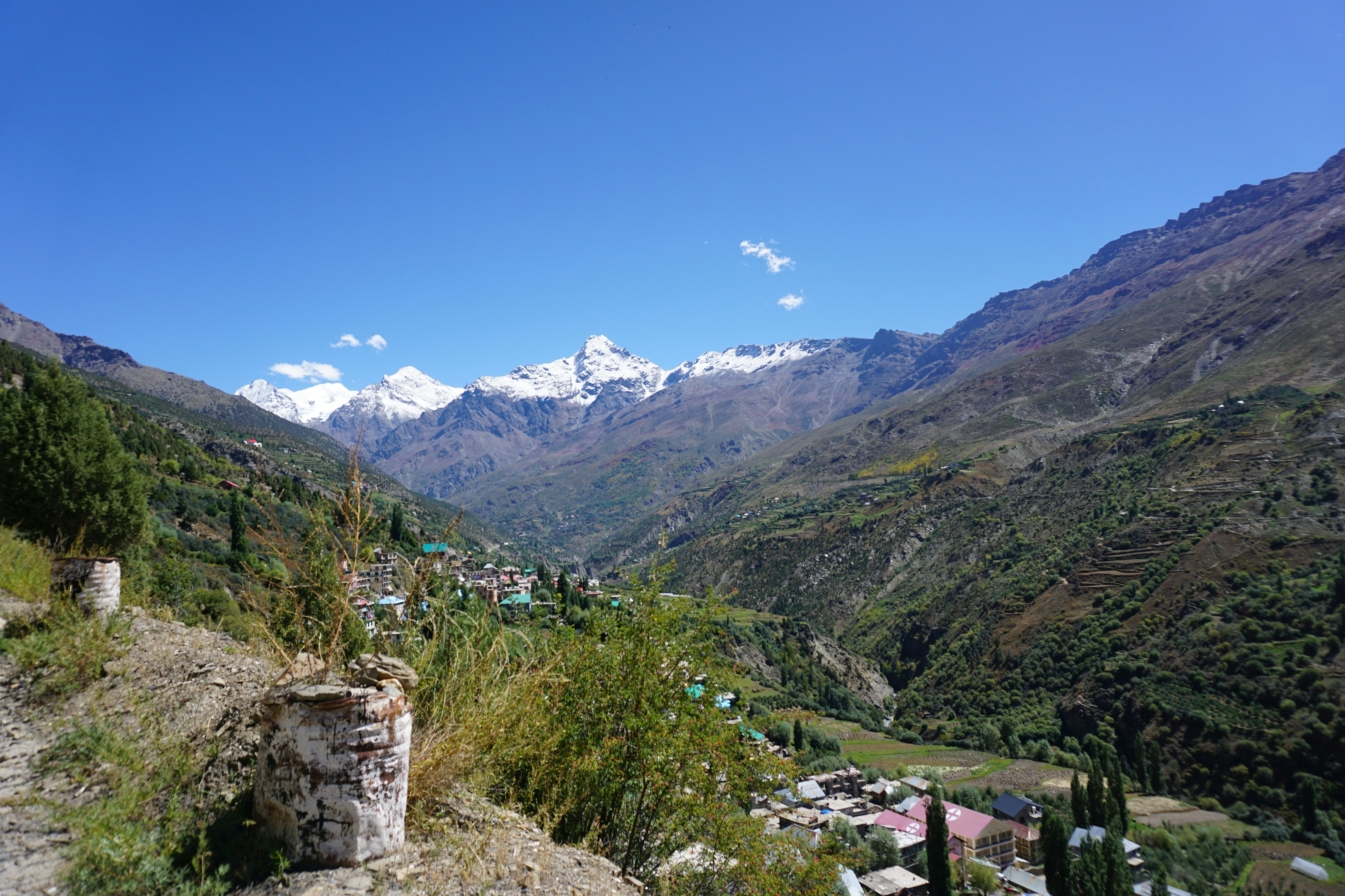 A view of a valley with mountains in the background, Keylong Town