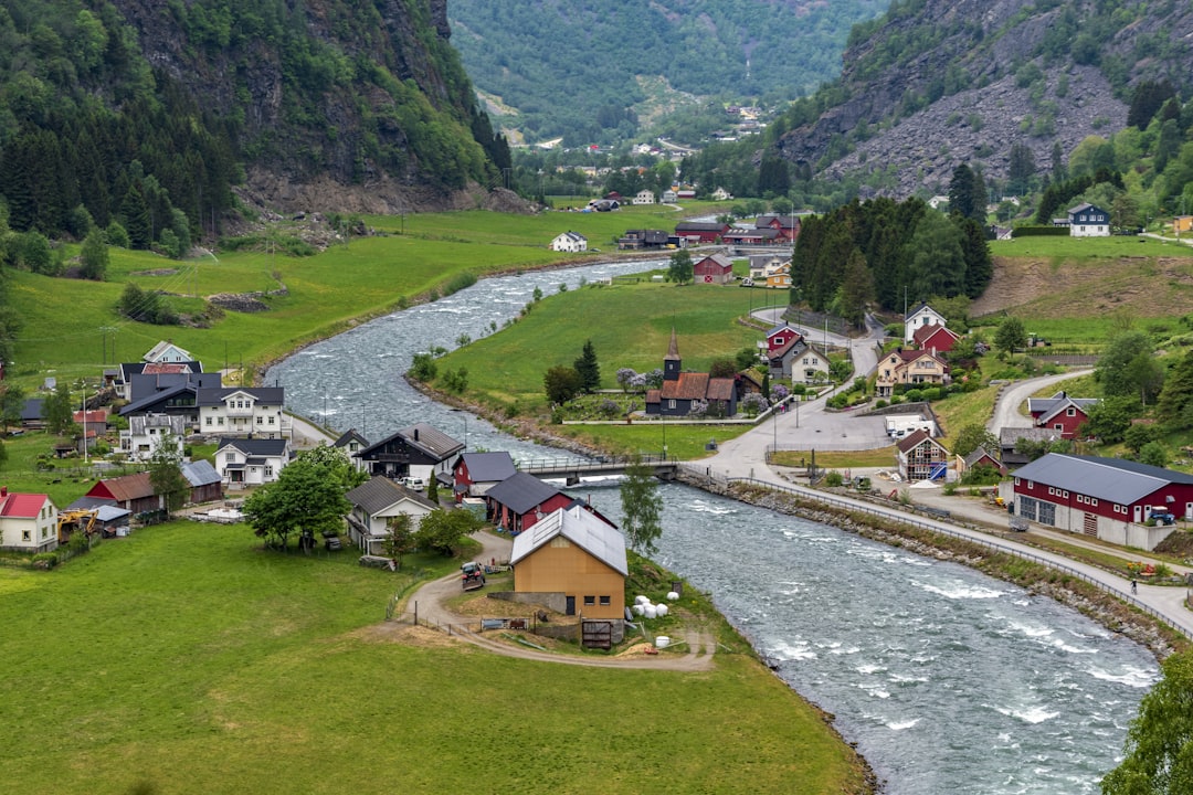 A river running through a lush green valley, Picture was taken from train from Myrdal to Flåm in May 2024. Village Flåm