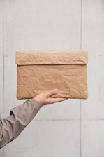A woman holding a brown envelope over her face