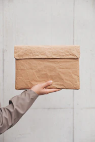 A woman holding a brown envelope over her face