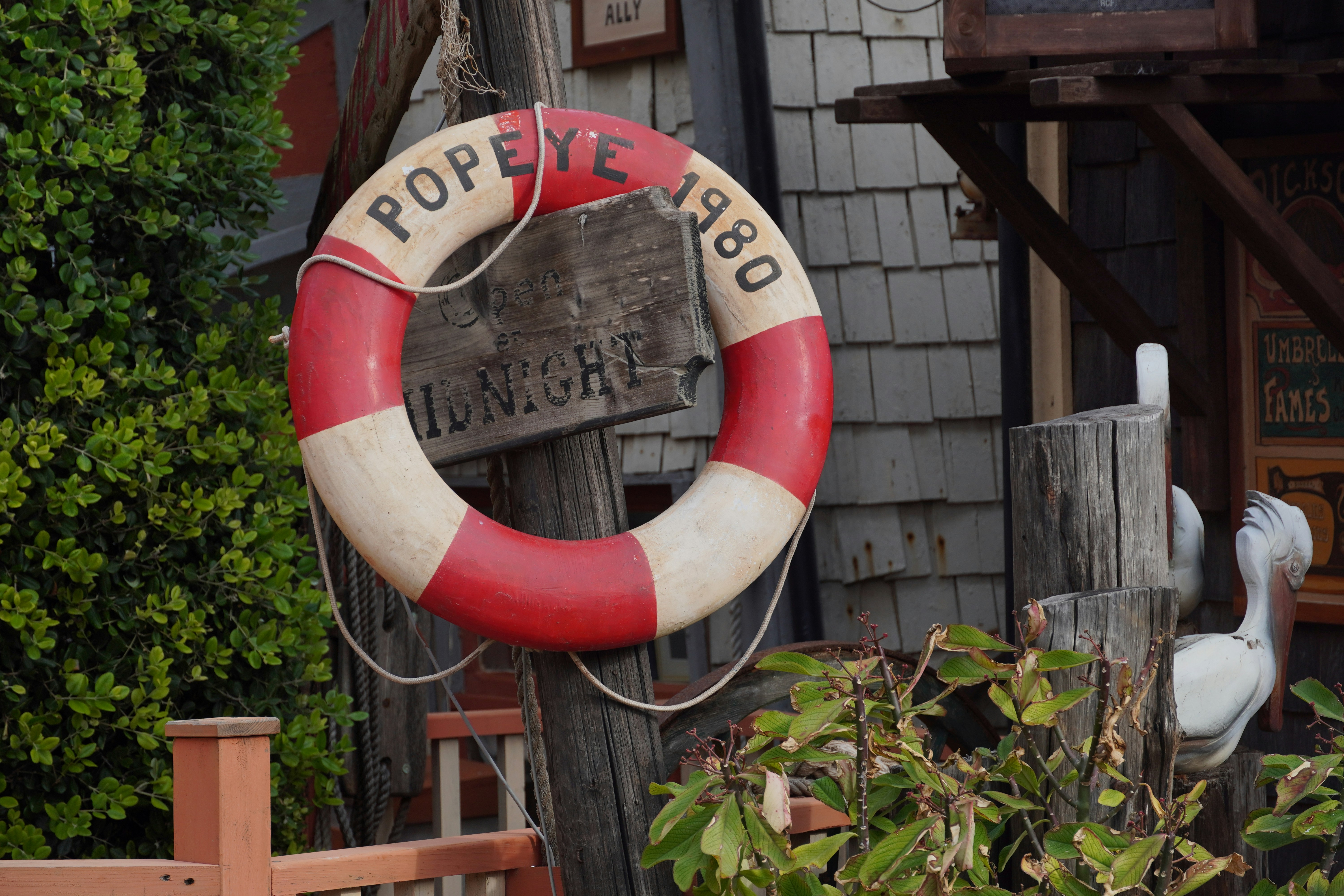 A life preserver sitting on top of a wooden pole