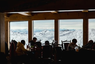 A group of people sitting at a table in front of a window